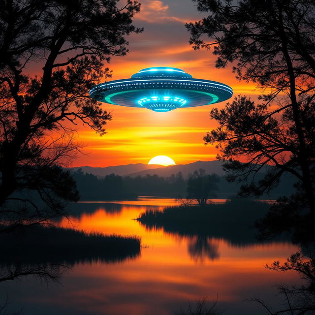 A stunning alien UFO captured in the midst of a beautiful sunset over a serene landscape