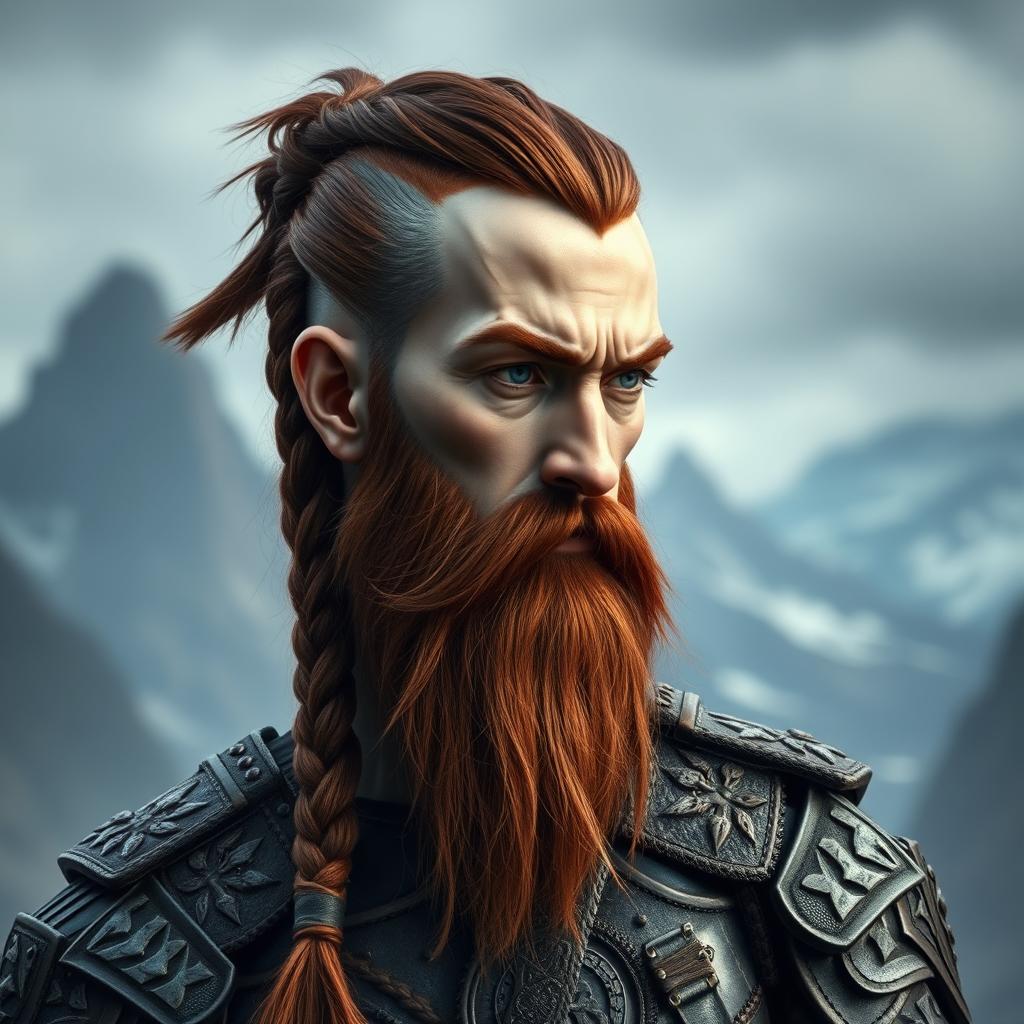 A half portrait of a tall mountain dwarf featuring dark reddish-brown hair that is slightly braided with shaved sides, complemented by a thick braided beard that enhances his fierce appearance