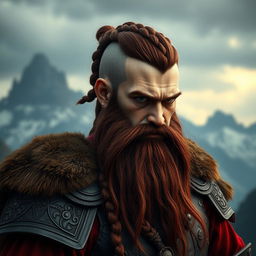 A half portrait of a tall mountain dwarf featuring dark reddish-brown hair that is slightly braided with shaved sides, complemented by a thick braided beard that enhances his fierce appearance