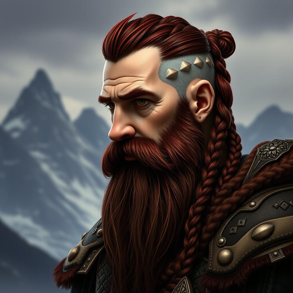 A half portrait of a tall mountain dwarf featuring dark reddish-brown hair that is slightly braided with shaved sides, complemented by a thick braided beard that enhances his fierce appearance