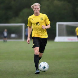 Erling Haaland, the talented young footballer, mid-stride and in motion on the pitch, poised to strike the football with powerful determination.