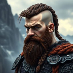 A half portrait of a tall mountain dwarf featuring dark reddish-brown hair that is slightly braided with shaved sides, complemented by a thick braided beard that enhances his fierce appearance