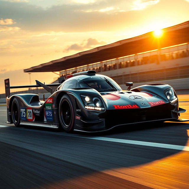 A detailed and dynamic image of a Mercedes LMP1 racing car, showcasing its sleek aerodynamic design and vibrant racing livery