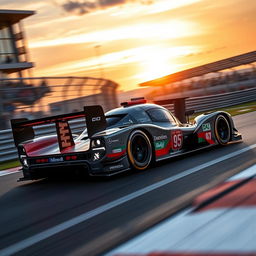 A detailed and dynamic image of a Mercedes LMP1 racing car, showcasing its sleek aerodynamic design and vibrant racing livery