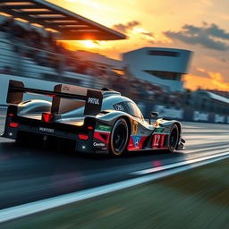 A detailed and dynamic image of a Mercedes LMP1 racing car, showcasing its sleek aerodynamic design and vibrant racing livery