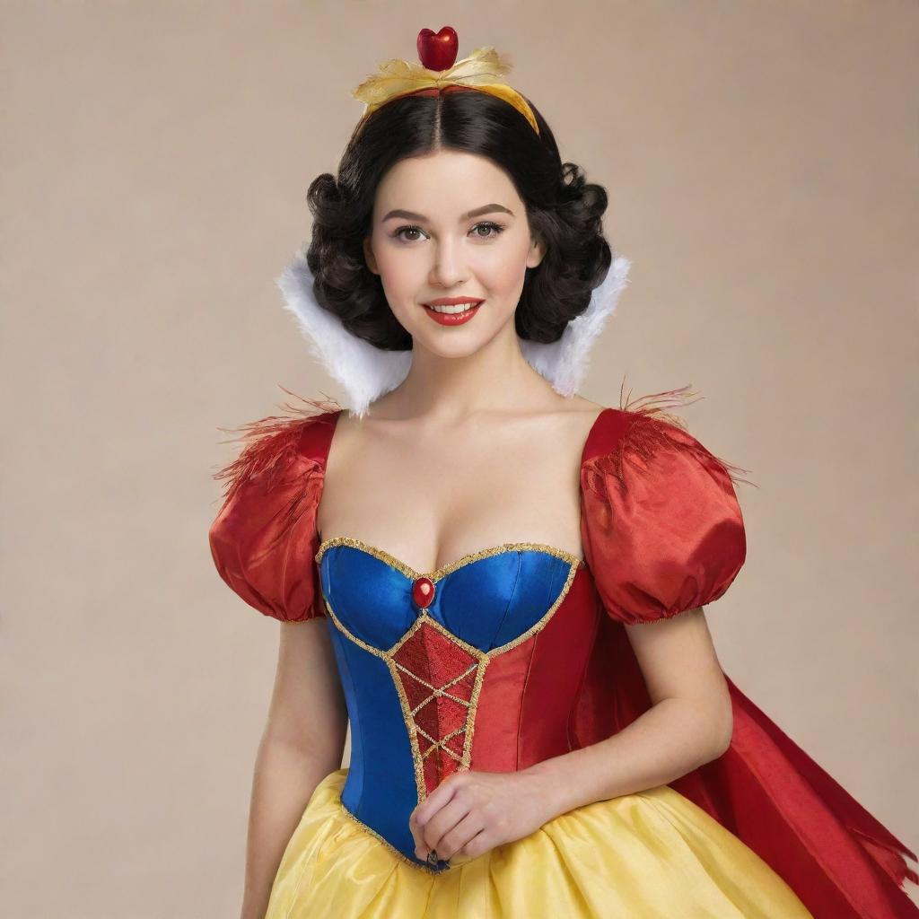 Snow White in a creatively designed feathered costume, adding enchanting charm with its vibrant colors and intricate details associated with feathers.