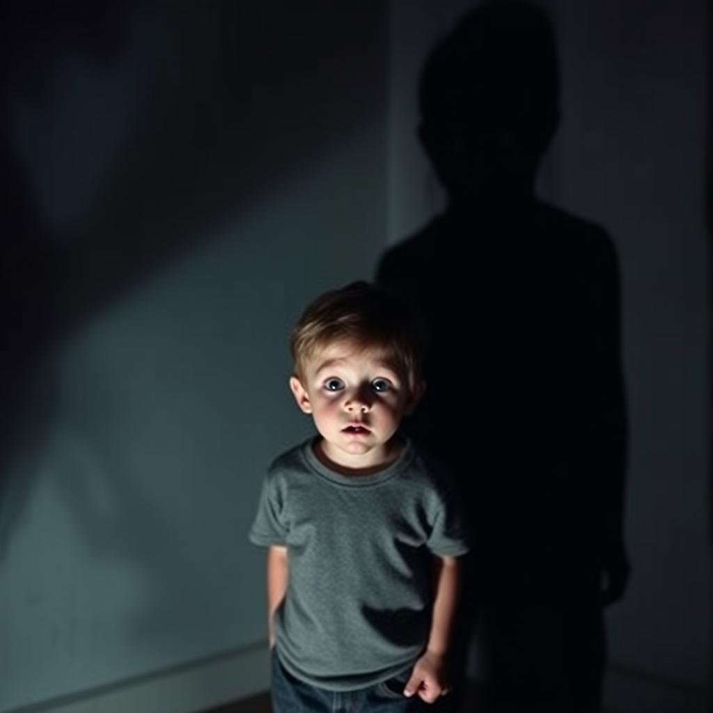 A scared young boy standing in a dimly lit room, looking wide-eyed and terrified