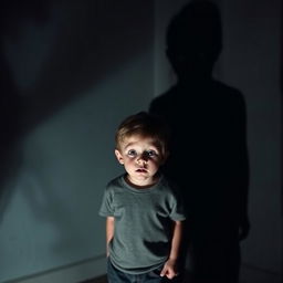 A scared young boy standing in a dimly lit room, looking wide-eyed and terrified