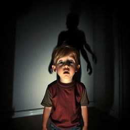 A scared young boy standing in a dimly lit room, looking wide-eyed and terrified