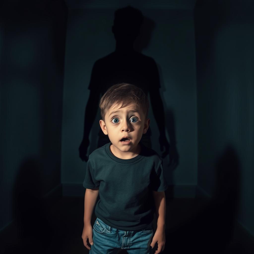 A scared young boy standing in a dimly lit room, looking wide-eyed and terrified