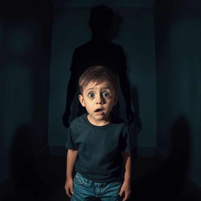 A scared young boy standing in a dimly lit room, looking wide-eyed and terrified