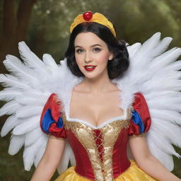 Snow White in a creatively designed feathered costume, adding enchanting charm with its vibrant colors and intricate details associated with feathers.