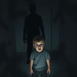 A scared young boy standing in a dimly lit room, looking wide-eyed and terrified