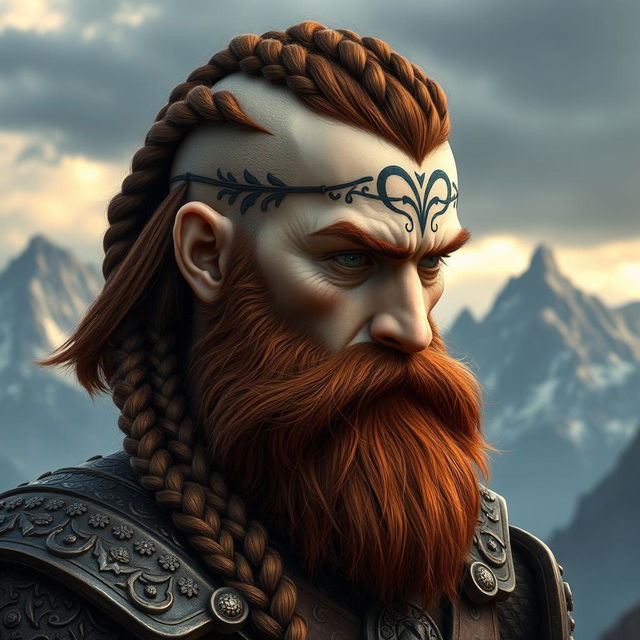 A half portrait of a tall mountain dwarf showcasing dark reddish-brown slightly braided hair with shaved sides, complemented by a thick braided beard featuring intricate braids that enhance his rugged demeanor