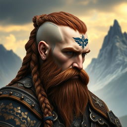 A half portrait of a tall mountain dwarf showcasing dark reddish-brown slightly braided hair with shaved sides, complemented by a thick braided beard featuring intricate braids that enhance his rugged demeanor