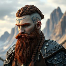 A half portrait of a tall mountain dwarf showcasing dark reddish-brown slightly braided hair with shaved sides, complemented by a thick braided beard featuring intricate braids that enhance his rugged demeanor