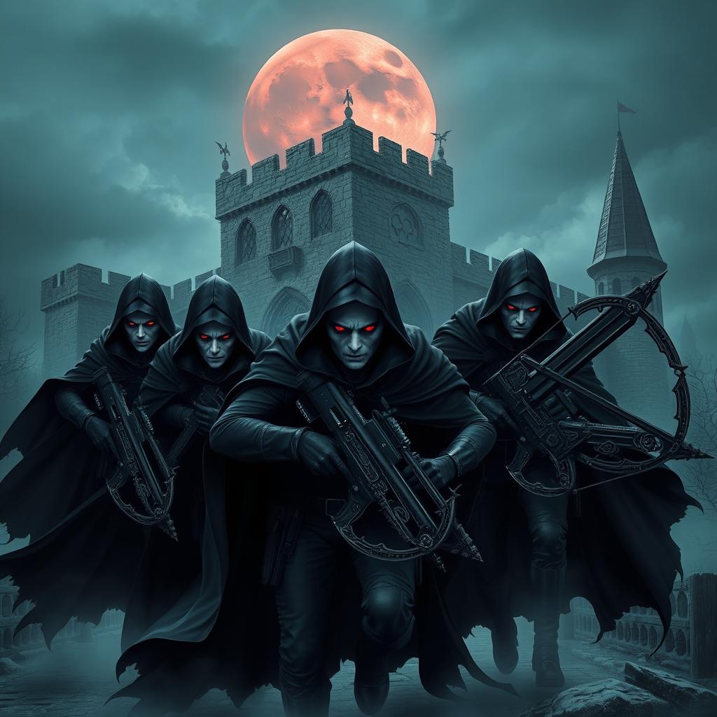 A team of vampiric commandos stealthily infiltrating an ancient castle under the cover of darkness