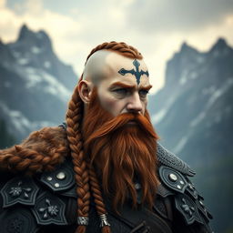 A half portrait of a tall mountain dwarf showcasing dark reddish-brown slightly braided hair with shaved sides, complemented by a thick braided beard featuring intricate braids that enhance his rugged demeanor