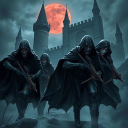 A team of vampiric commandos stealthily infiltrating an ancient castle under the cover of darkness