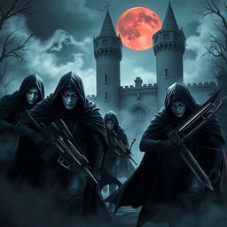 A team of vampiric commandos stealthily infiltrating an ancient castle under the cover of darkness