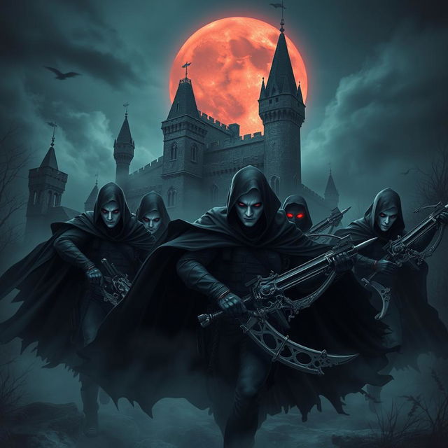 A team of vampiric commandos stealthily infiltrating an ancient castle under the cover of darkness