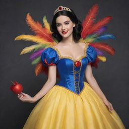 Snow White in a creatively designed feathered costume, adding enchanting charm with its vibrant colors and intricate details associated with feathers.