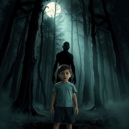 A frightened young boy standing in a dark, eerie forest, with wide eyes full of fear