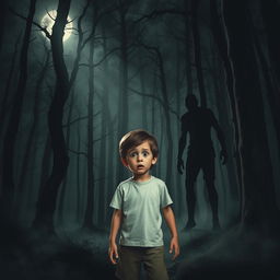 A frightened young boy standing in a dark, eerie forest, with wide eyes full of fear