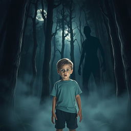 A frightened young boy standing in a dark, eerie forest, with wide eyes full of fear