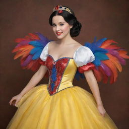 Snow White in a creatively designed feathered costume, adding enchanting charm with its vibrant colors and intricate details associated with feathers.