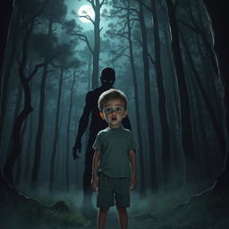 A frightened young boy standing in a dark, eerie forest, with wide eyes full of fear