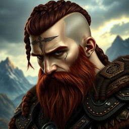 A half portrait of a tall mountain dwarf showcasing dark reddish-brown hair that is slightly braided with shaved sides, complemented by a thick braided beard adding to his fierce appearance