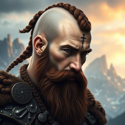 A half portrait of a tall mountain dwarf showcasing dark reddish-brown hair that is slightly braided with shaved sides, complemented by a thick braided beard adding to his fierce appearance