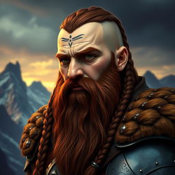 A half portrait of a tall mountain dwarf showcasing dark reddish-brown hair that is slightly braided with shaved sides, complemented by a thick braided beard adding to his fierce appearance