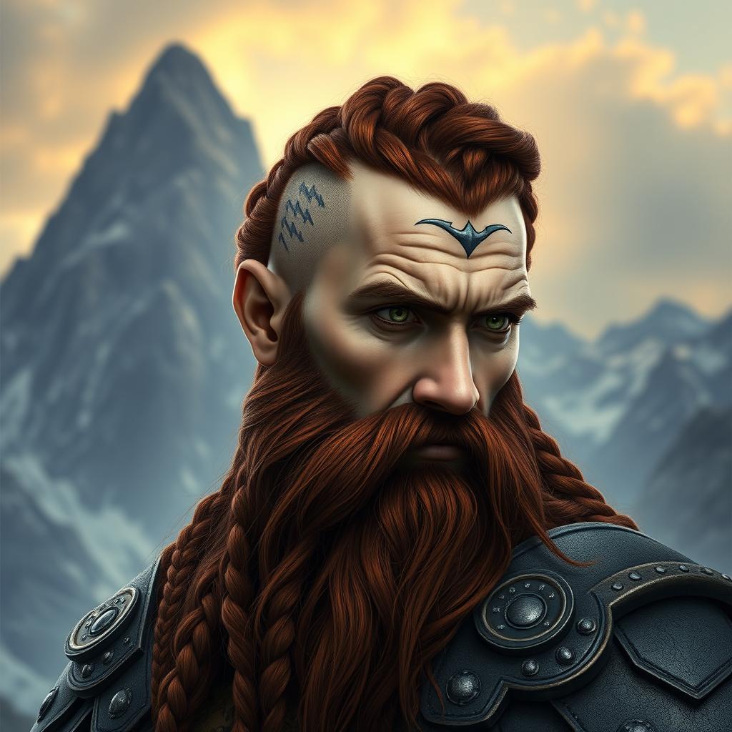 A half portrait of a tall mountain dwarf showcasing dark reddish-brown hair that is slightly braided with shaved sides, complemented by a thick braided beard adding to his fierce appearance