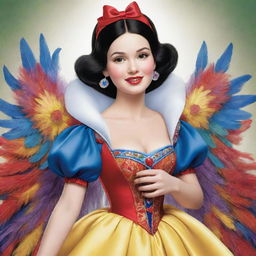 A cartoon depiction of Snow White wearing an elaborate, finely detailed feathered costume that adds to her vibrant personality with colors and style.