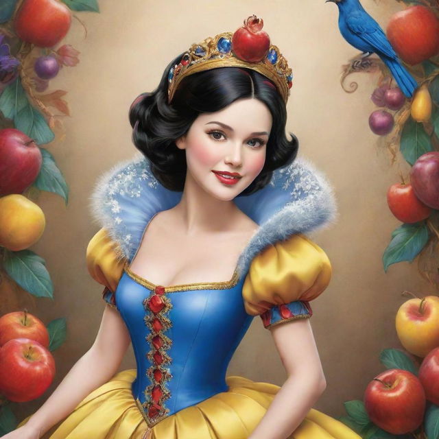 A cartoon depiction of Snow White wearing an elaborate, finely detailed feathered costume that adds to her vibrant personality with colors and style.