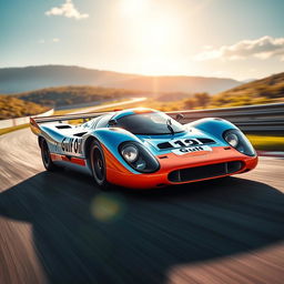 A stunning, high-speed automotive scene featuring a sleek Porsche 917 LMP1 sports car in a race setting