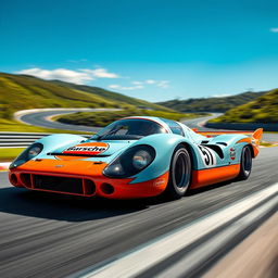 A stunning, high-speed automotive scene featuring a sleek Porsche 917 LMP1 sports car in a race setting