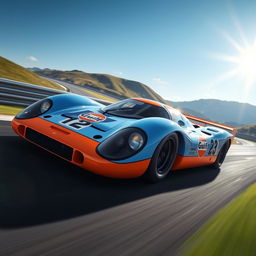 A stunning, high-speed automotive scene featuring a sleek Porsche 917 LMP1 sports car in a race setting