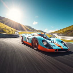 A stunning, high-speed automotive scene featuring a sleek Porsche 917 LMP1 sports car in a race setting