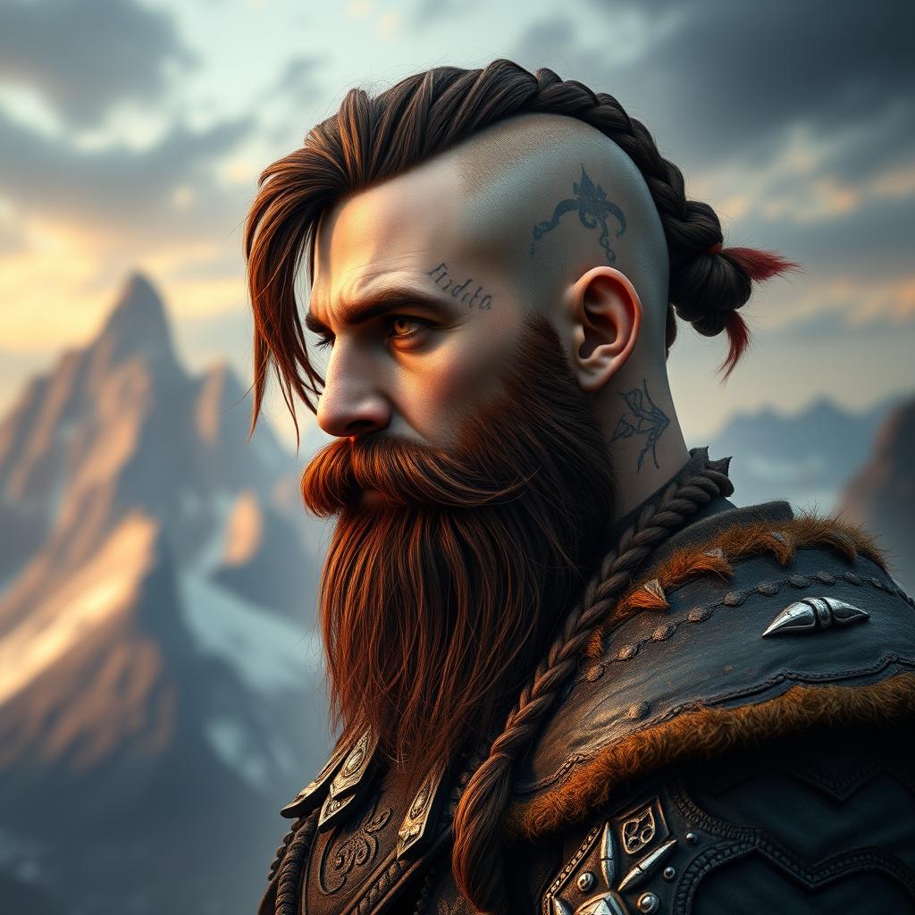 A half portrait of a tall mountain dwarf showcasing dark reddish-brown slightly braided hair with shaved sides, paired with a thick braided beard that enhances his rugged visage