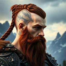 A half portrait of a tall mountain dwarf showcasing dark reddish-brown slightly braided hair with shaved sides, paired with a thick braided beard that enhances his rugged visage