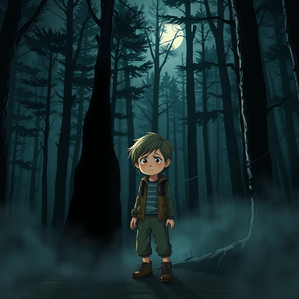 An 8-year-old boy with a frightened expression, standing alone in a dark, dense forest