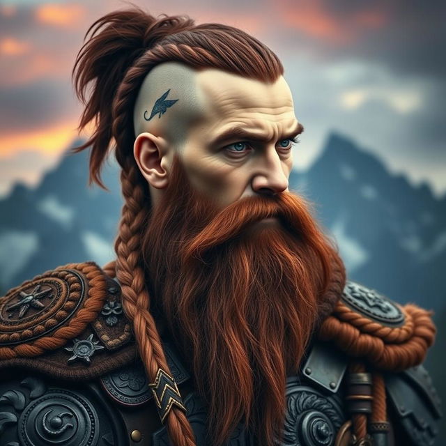 A half portrait of a tall mountain dwarf showcasing dark reddish-brown slightly braided hair with shaved sides, paired with a thick braided beard that enhances his rugged visage