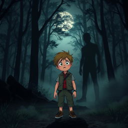 An 8-year-old boy with a frightened expression, standing alone in a dark, dense forest