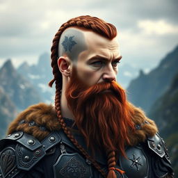 A half portrait of a tall mountain dwarf showcasing dark reddish-brown slightly braided hair with shaved sides, paired with a thick braided beard that enhances his rugged visage