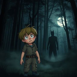 An 8-year-old boy with a frightened expression, standing alone in a dark, dense forest