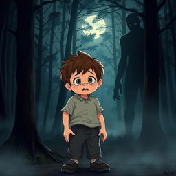 An 8-year-old boy with a frightened expression, standing alone in a dark, dense forest