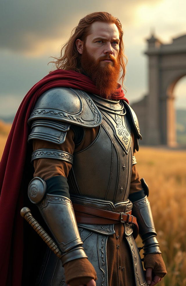 A hyper-realistic live-action portrayal of Doorward Hama from Lord of the Rings, depicted with a short red beard and long hair, embodying the strong and valiant spirit of Rohan